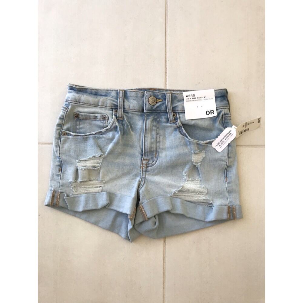 Aero Shorts Denim Jean Cuffed High Waist Distressed Stretchy